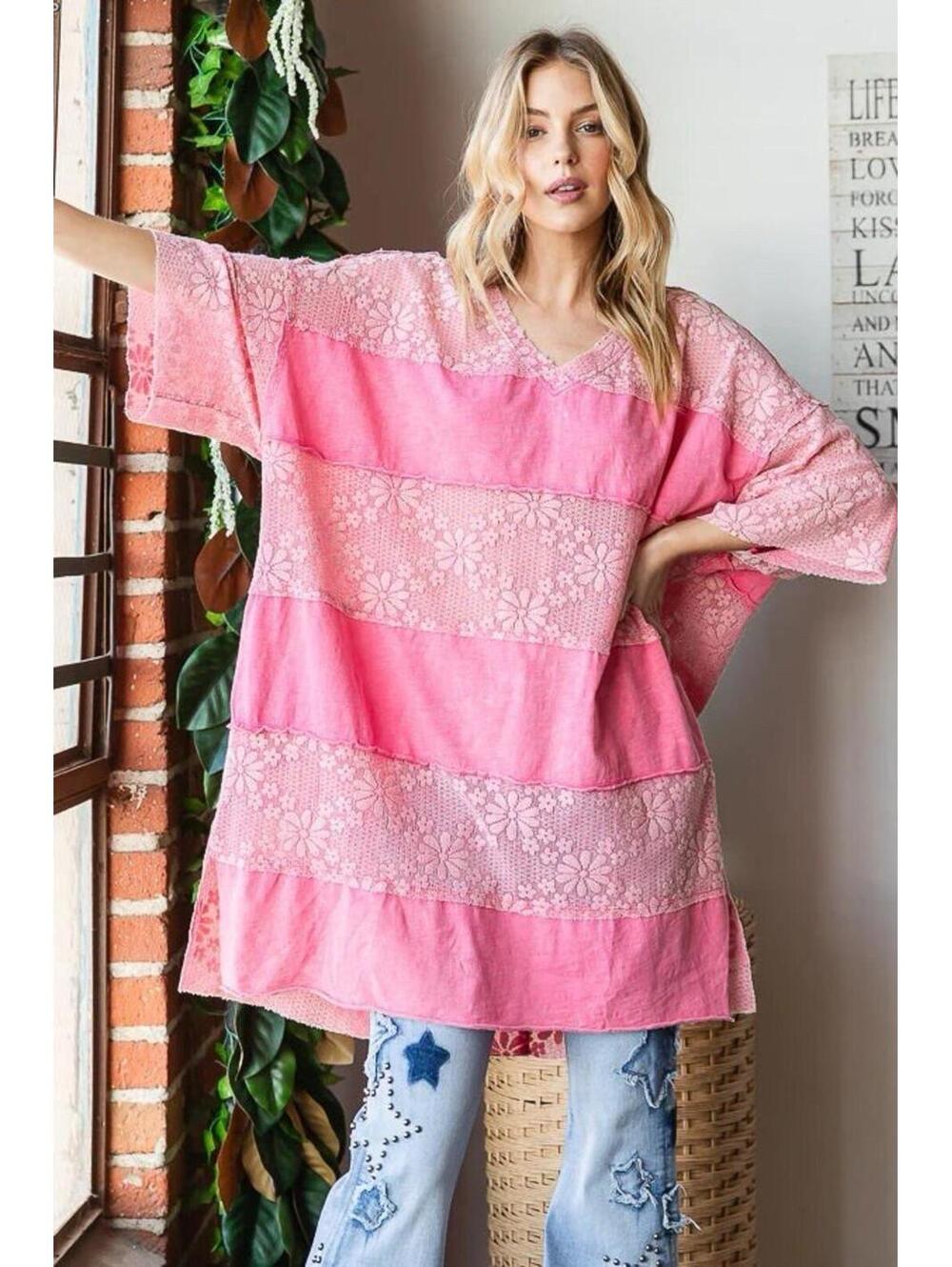 Oli & Hali Pink Lace-Striped V-Neck Tunic